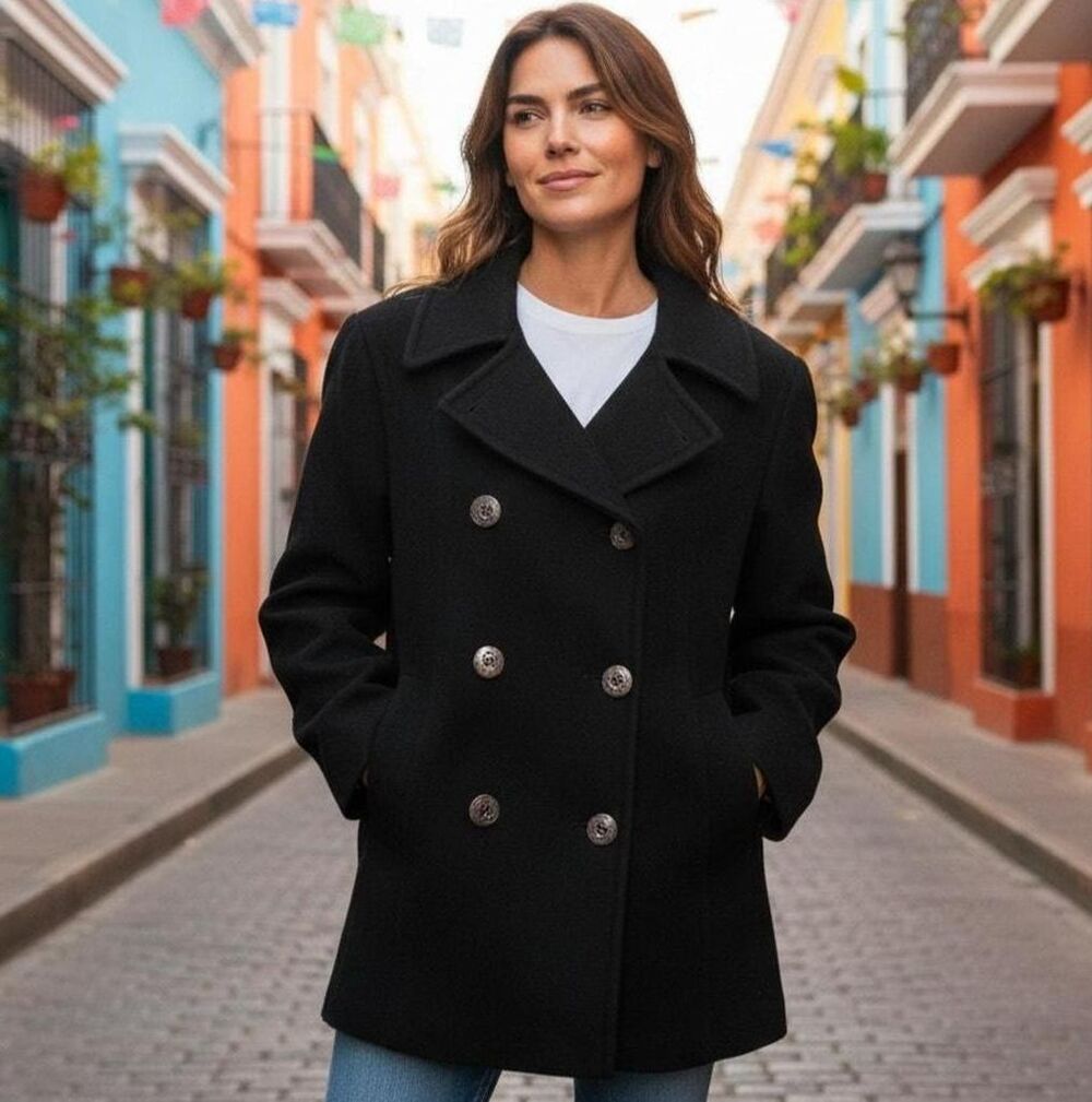 LL Bean Wool Cashmere Double Breasted Pea Coat Womens Sz 14 Black Preppy Classic